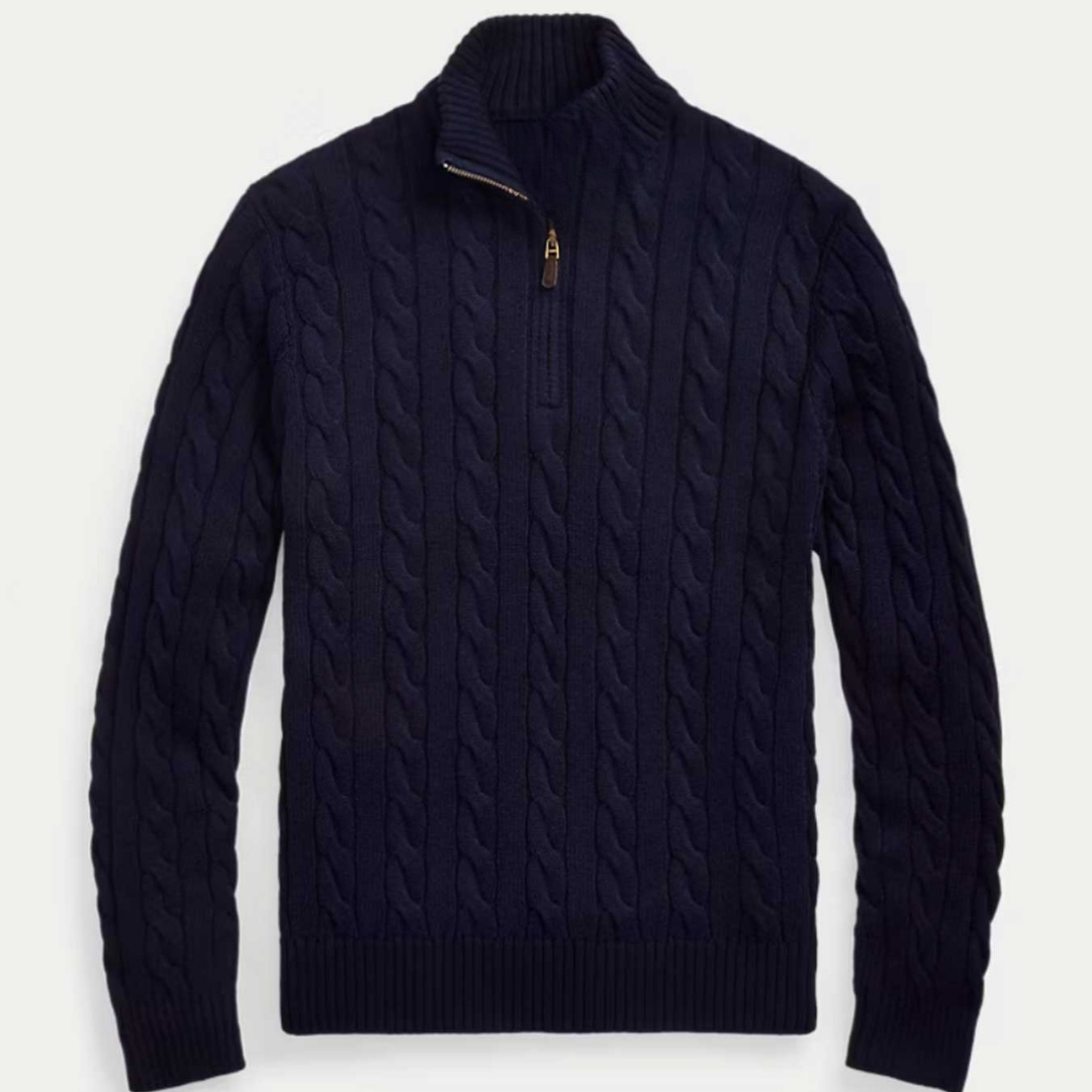 Cable-Knit Sweater With Zipper - Navy